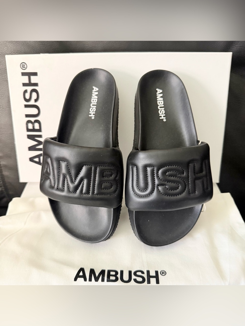 NWT AMBUSH Embossed Logo All Leather Padded Slides Sandals Black Size 36